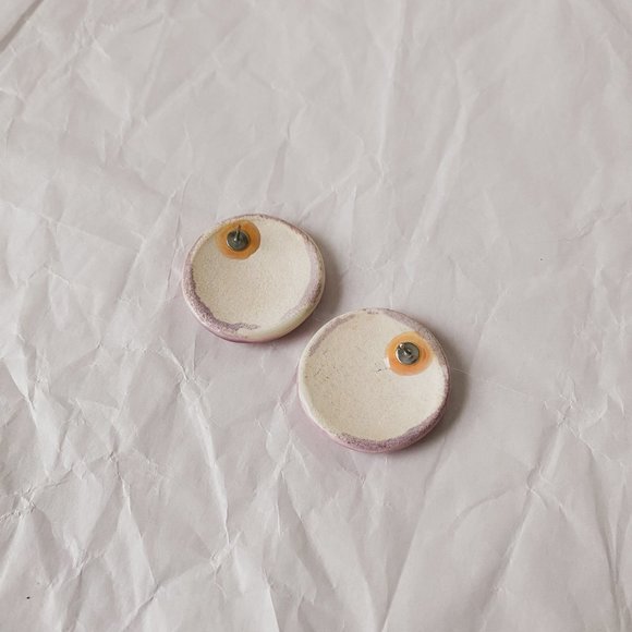 Vintage Handmade Abstract Pink Purple Painted Ceramic Large Circle Disc Earrings - Picture 3 of 6